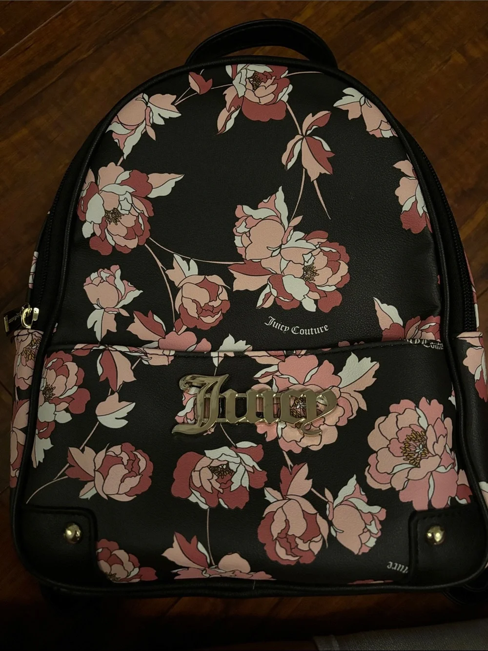 Juicy Couture Black Floral Mini Backpack with Pink Roses